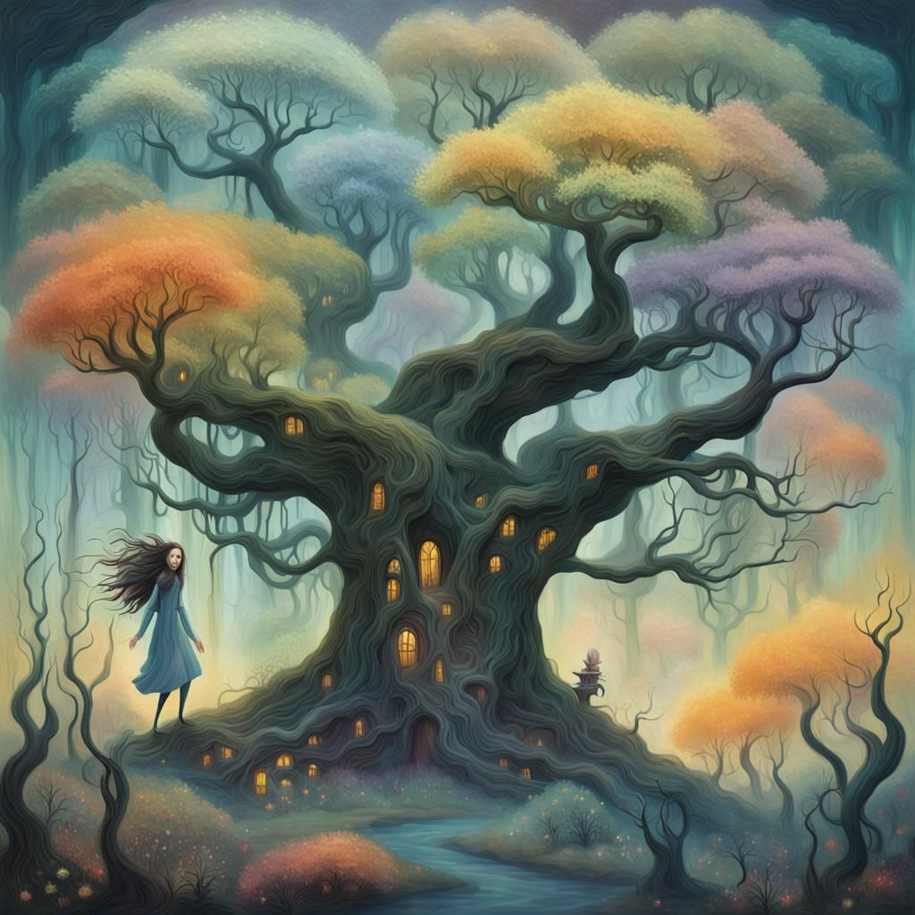 Floating Figure Laughing in Crystalline Forest, Fantasy Art