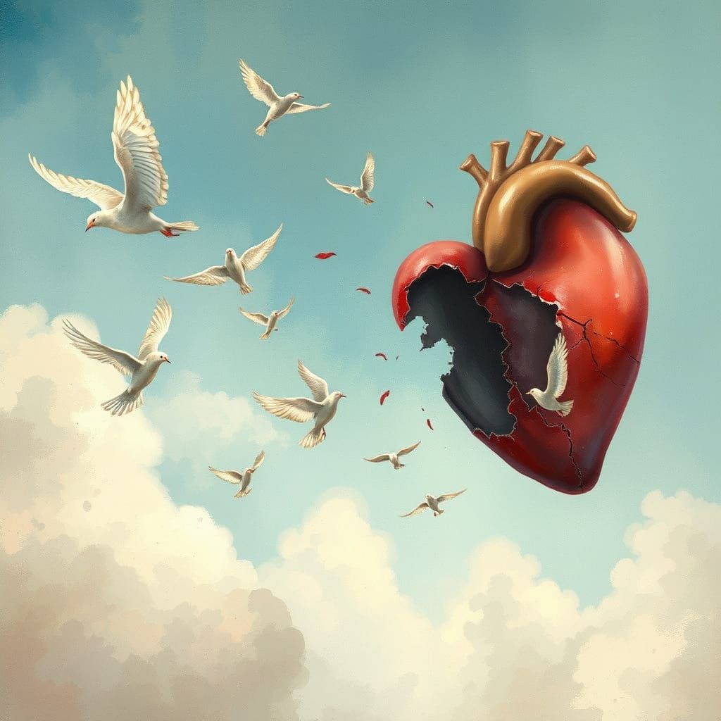 Heart Turns to Birds in Flight, Watercolor Style