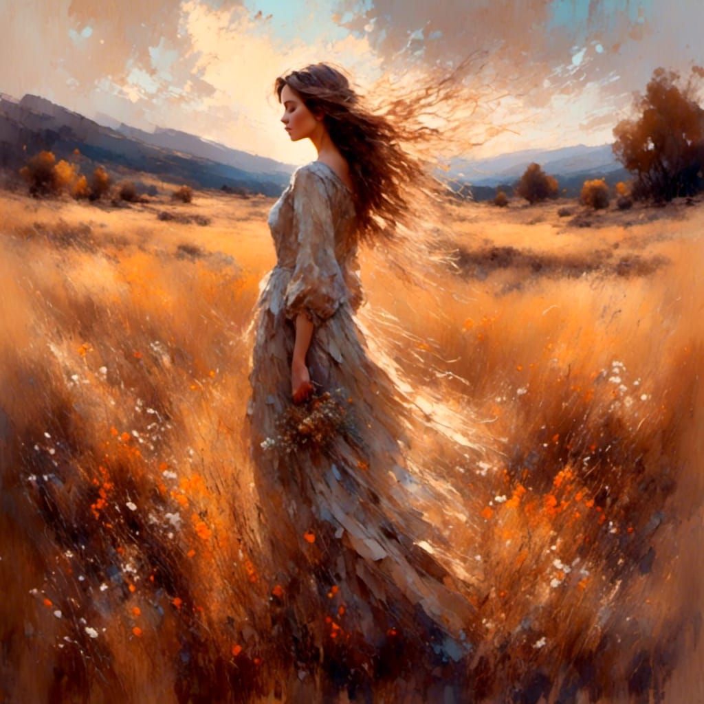 Woman in Autumn Meadow as Impressionist Art