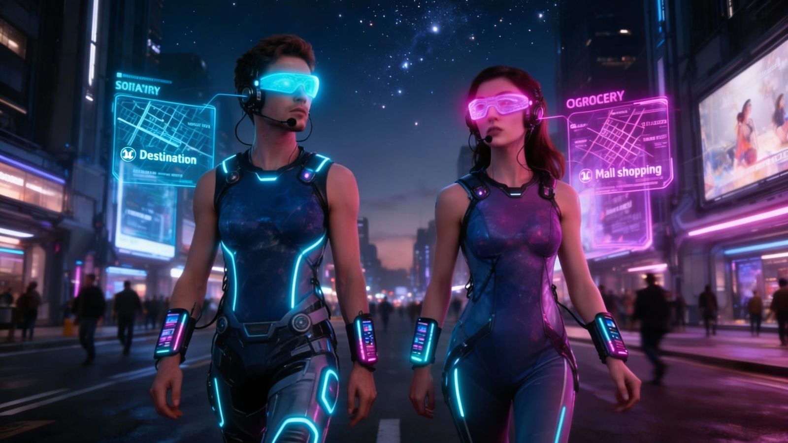 Couple Navigates Futuristic City with AI Eyes