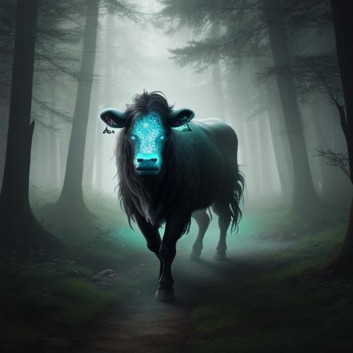 Mystical Runed Cow in Ethereal Forest: Fantasy Art