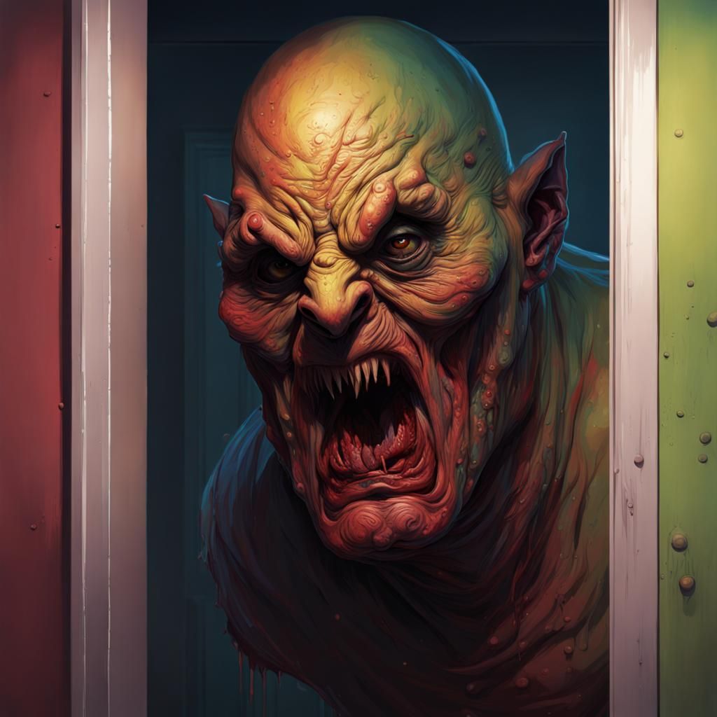 Hyperrealistic Bogeyman Lurking in a Colorful Closet