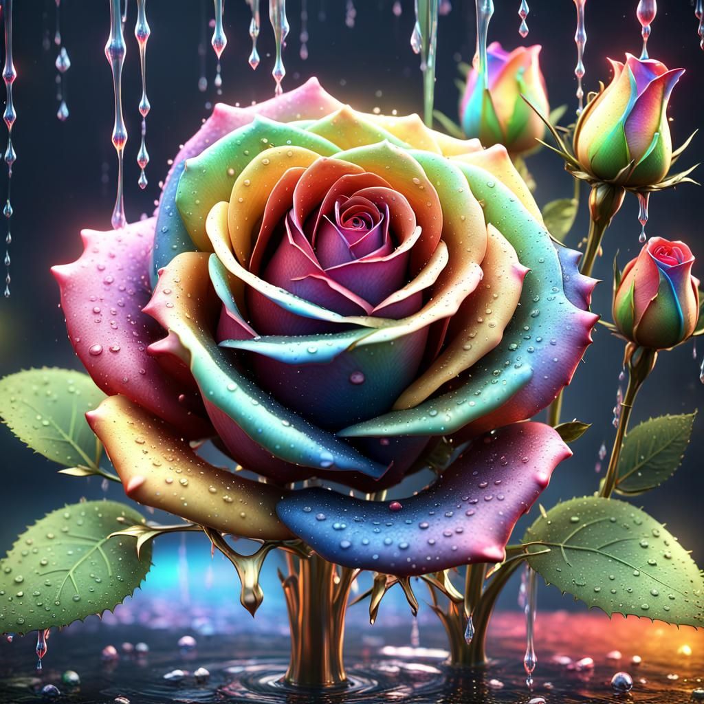 Hyperrealistic Rainbow Rose with Morning Dew