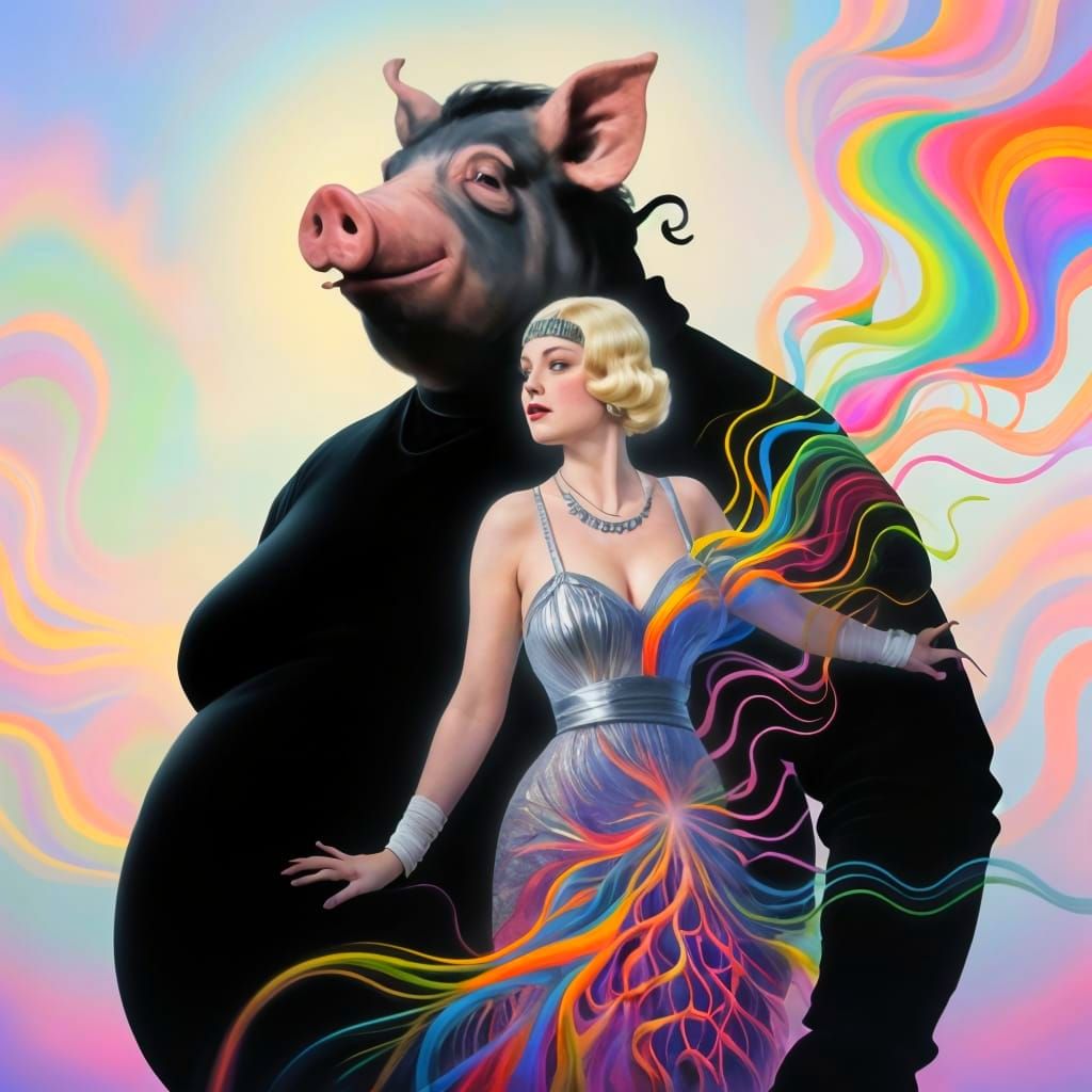 Surreal Corpulent Man With Pig Head and Flapper