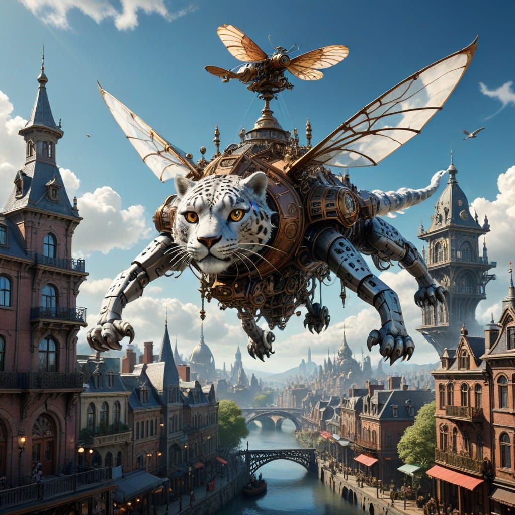 Gears of Wonder: Steampunk Snow Leopard Soars Above Victoria...