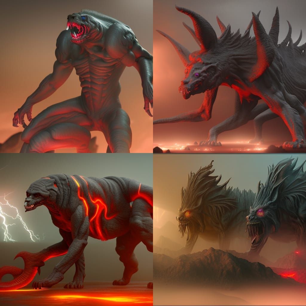 a scary jungle midnight monsters red eyes thunderstorm twilight fantasy futuristic 8k resolution trending on Artstation ...