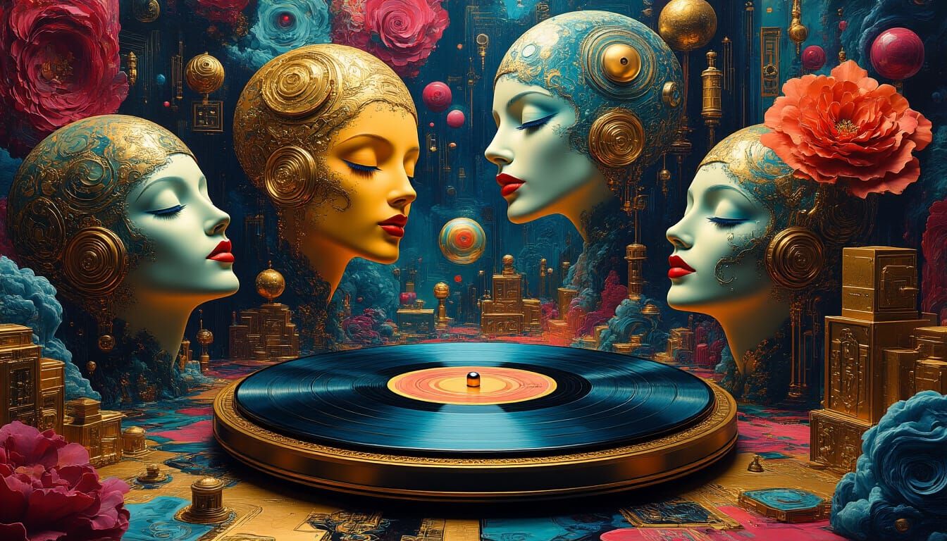 Surreal Floating Heads on Record Platter in Psychedelic Worl...