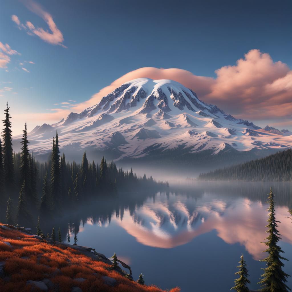 Mount Rainier with Lenticular Clouds: Detailed Matte Paintin...