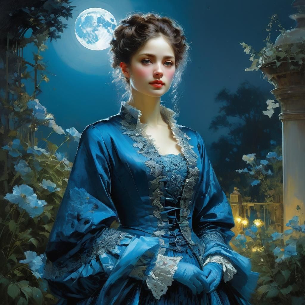 Victorian Woman in Blue Dress Under Moonlight