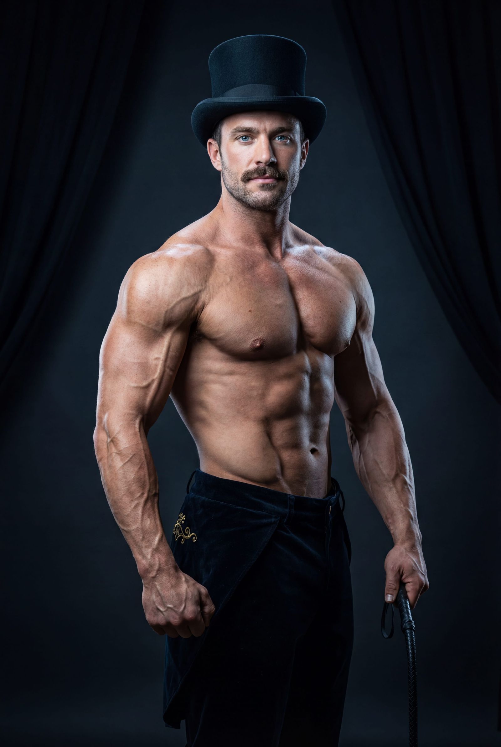Bodybuilder Ringmaster Posed on Theatrical Stage