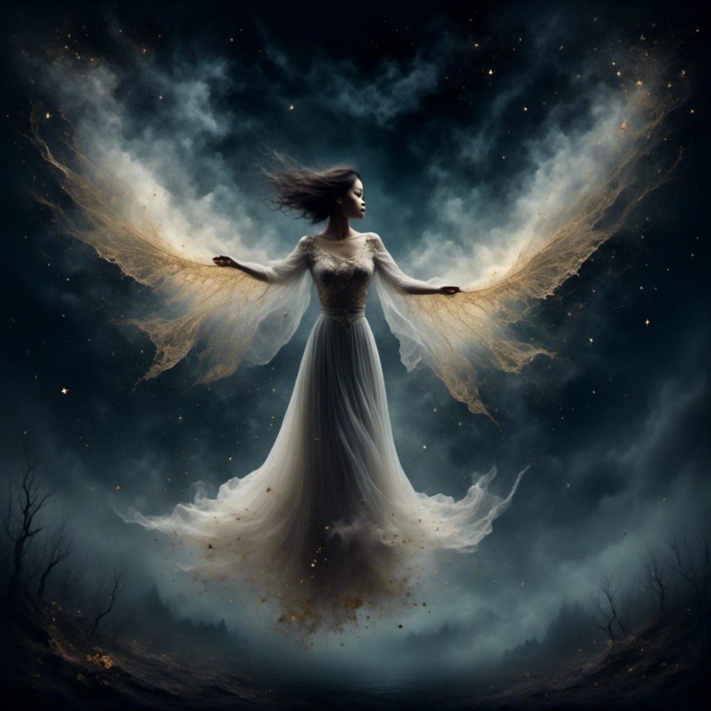 Ominous Night Scene with Bat-Winged Woman