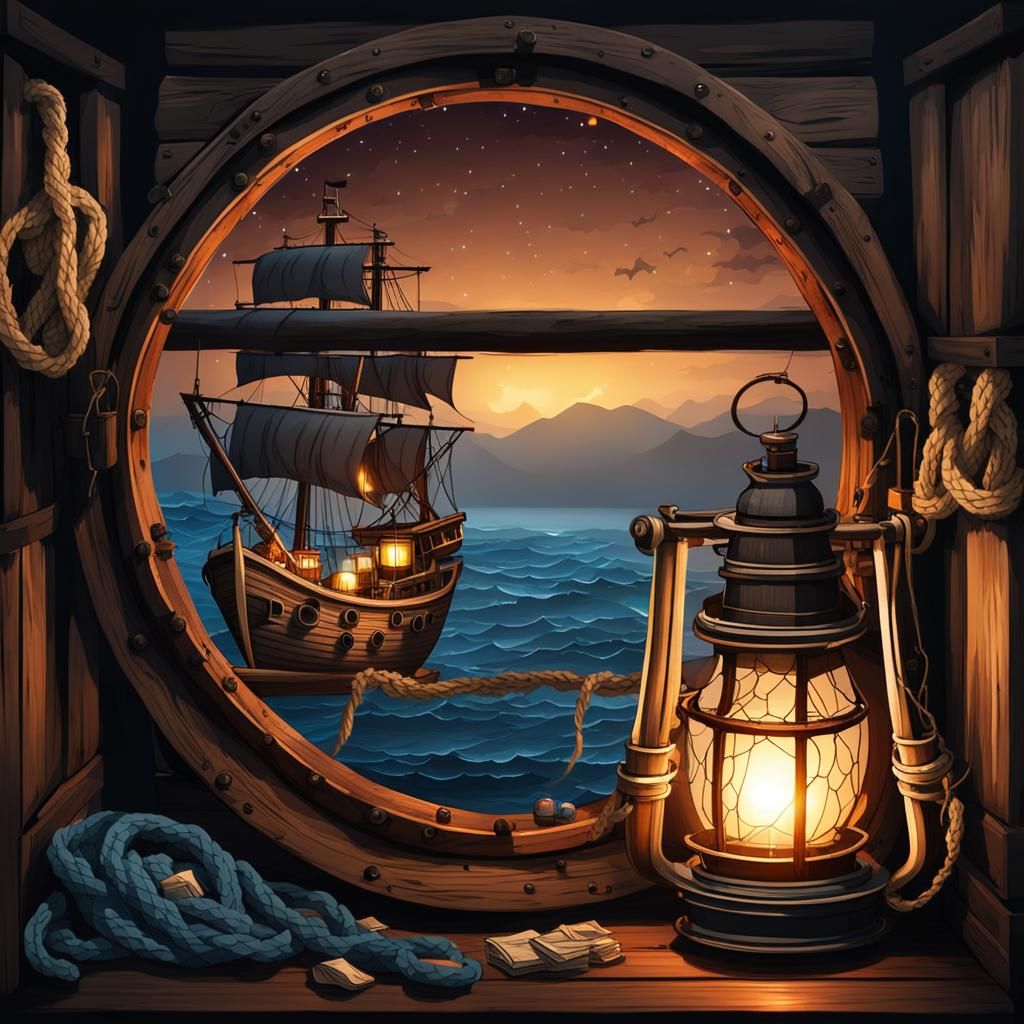 Lantern Lit Pirate Ship Hold at Night