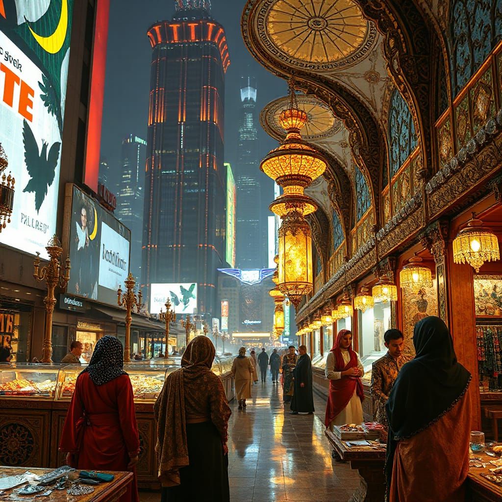 Futuristic Arabian Marketplace in Klimt-Inspired Digital Art