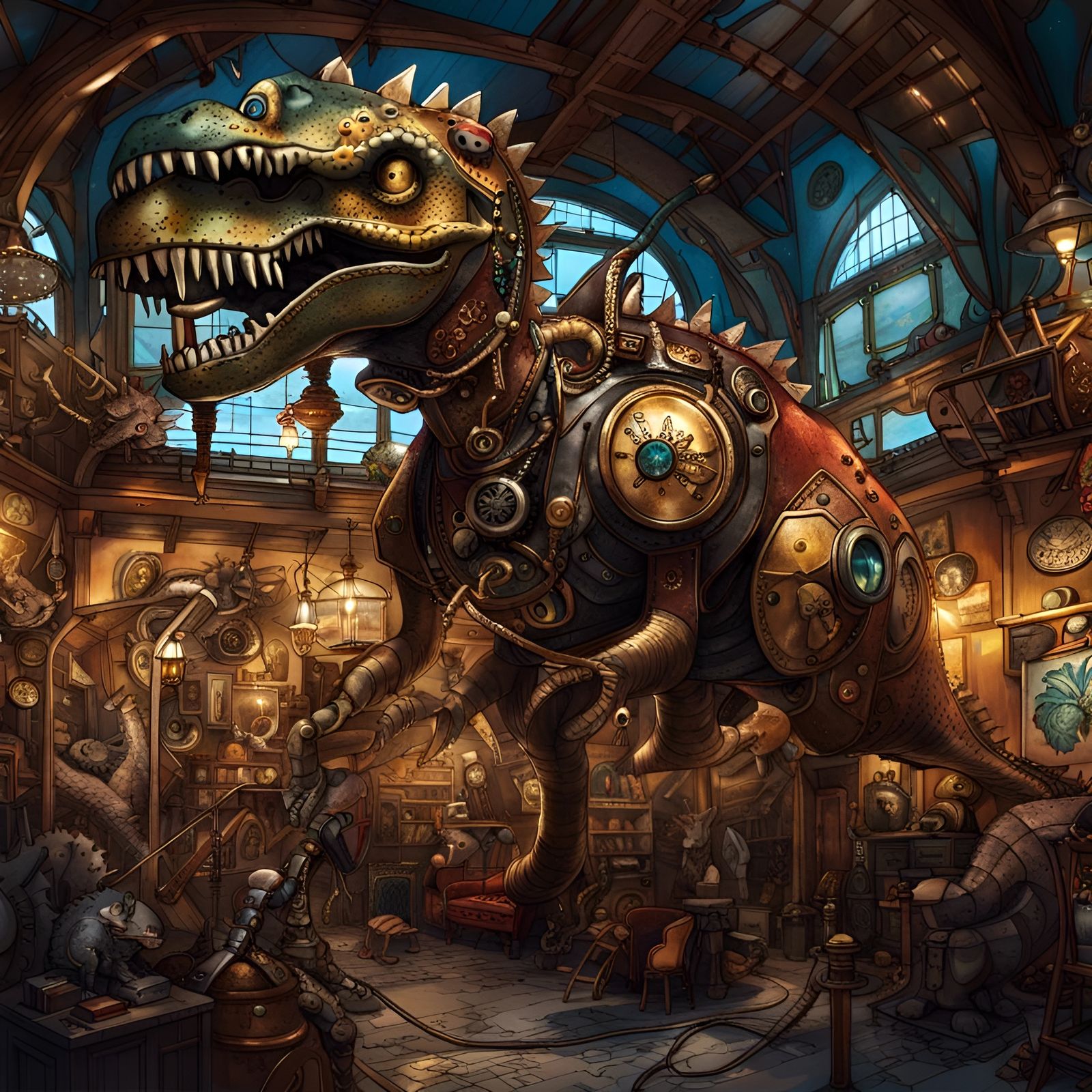 Steampunk Dinosaurs in Whimsical Anime Museum