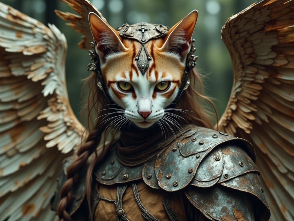 Feline Warrior Angel in Ancient Armor
