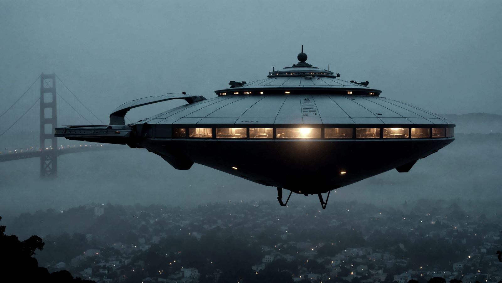 Metallic UFO Concealed in Fog Over San Francisco