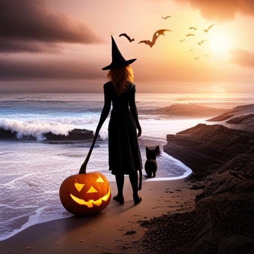 Witch, black cat and jack-o'-lantern on the beach looking at waves