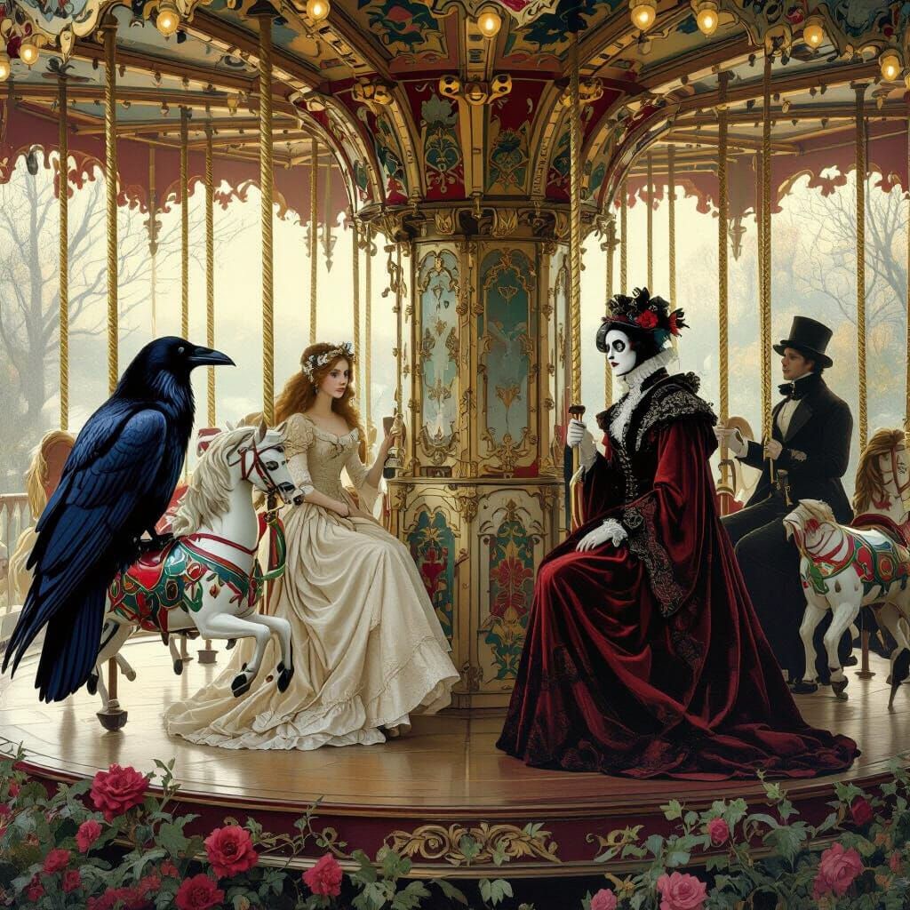 Edgar Allan Poe Characters Carousel in Waterhouse Style