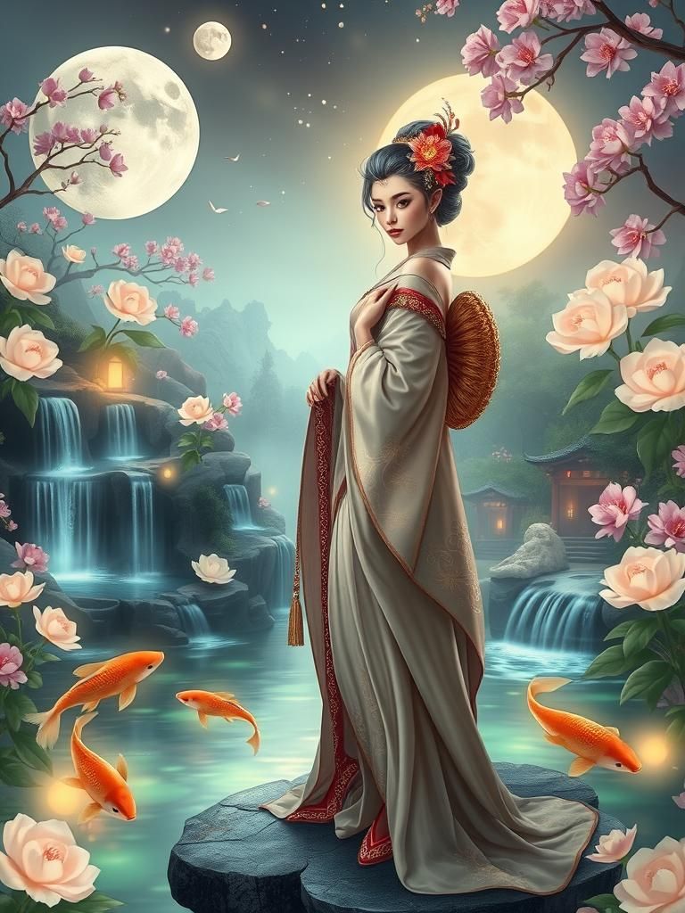 Elf Geisha in Bioluminescent Zen Garden