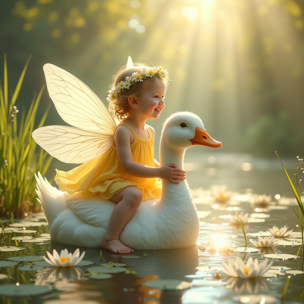 Fairy on Duck in Dreamy Landscape, Watercolour Style