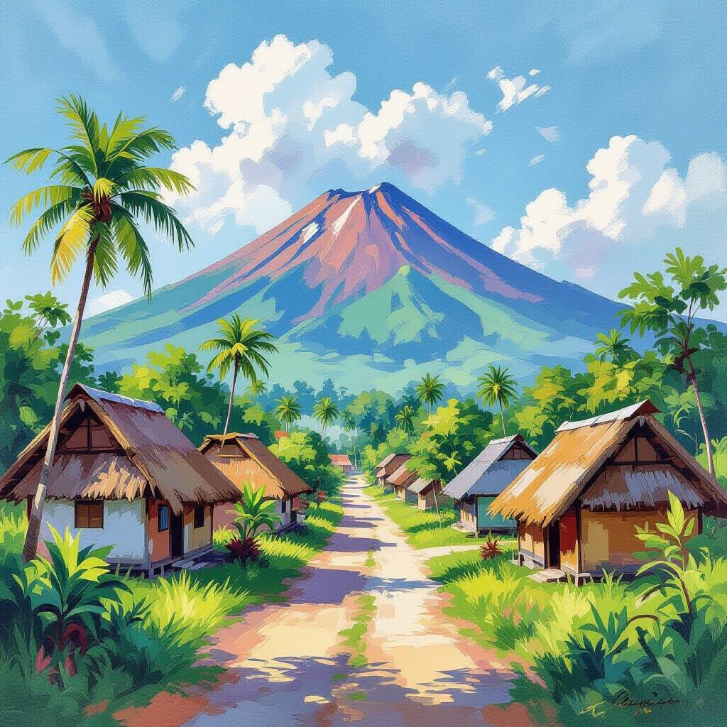 Ancient Philippines Village with Mayon Volcano, Gouache Styl...