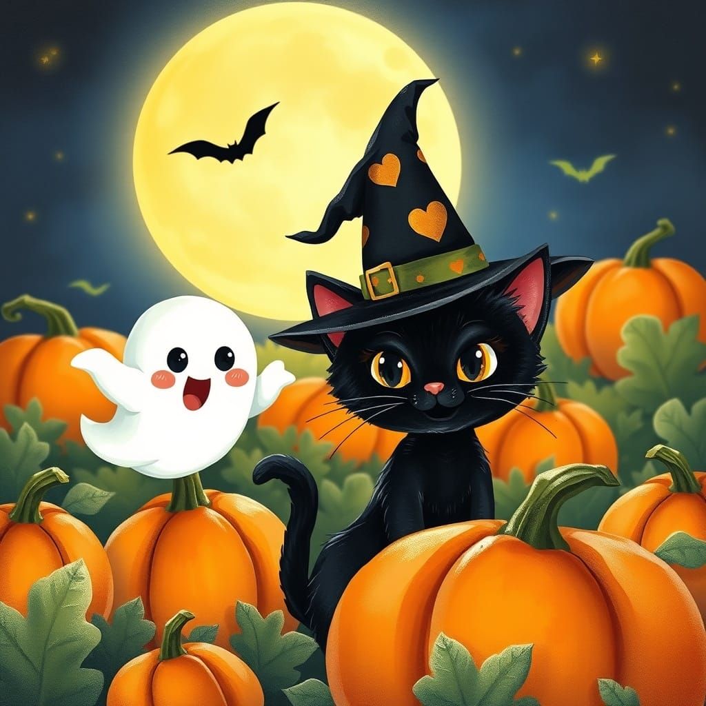 Cute Halloween Black Cat in Pumpkin Patch