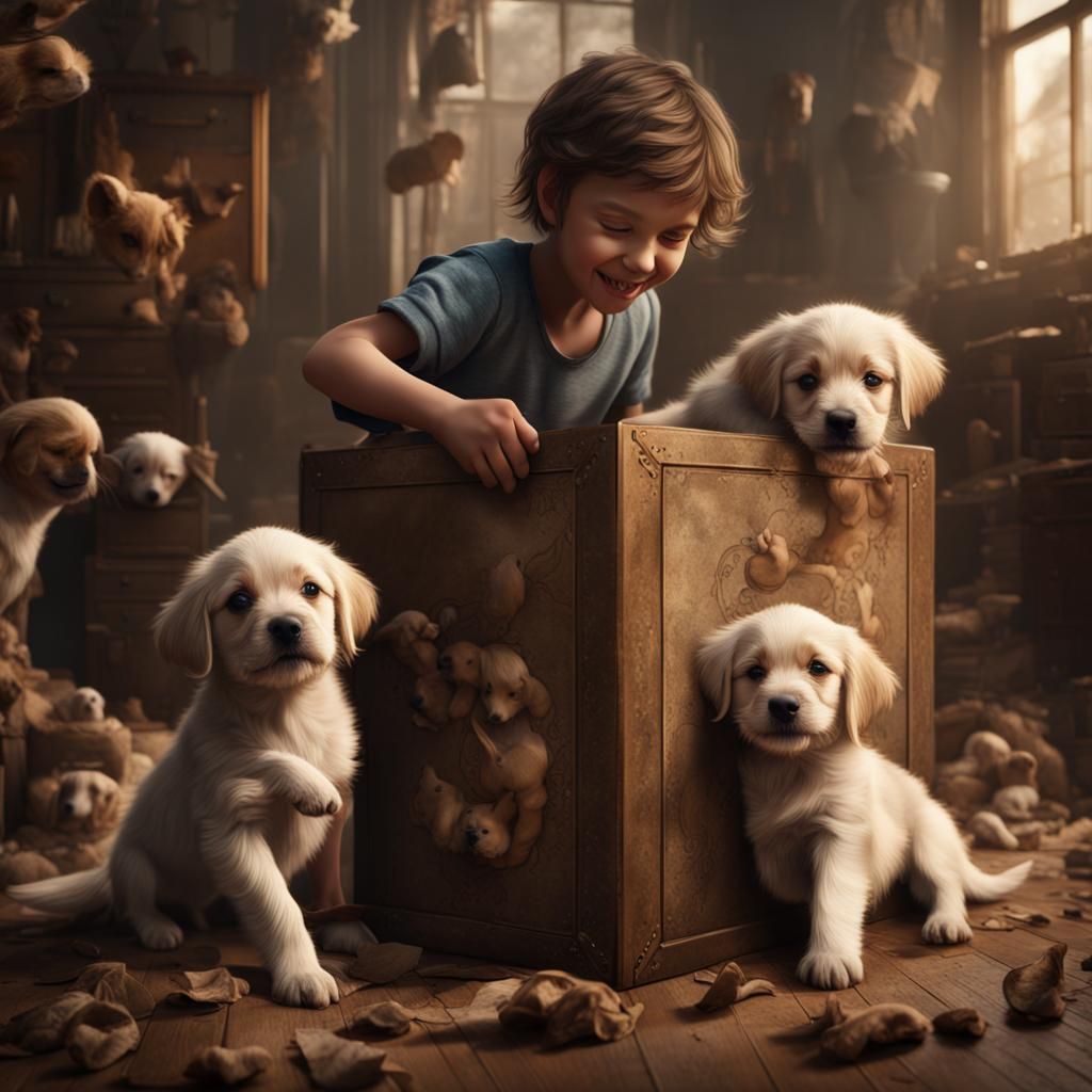 Children Playing with Puppies: Detailed Matte Painting