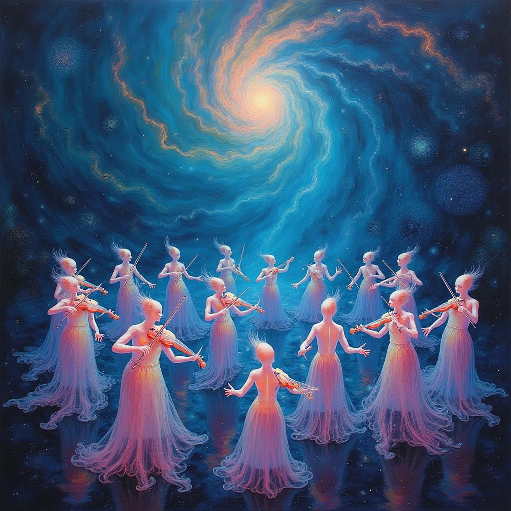 Spectral Orchestra Performs in Cosmic Realm, Gouache Paintin...