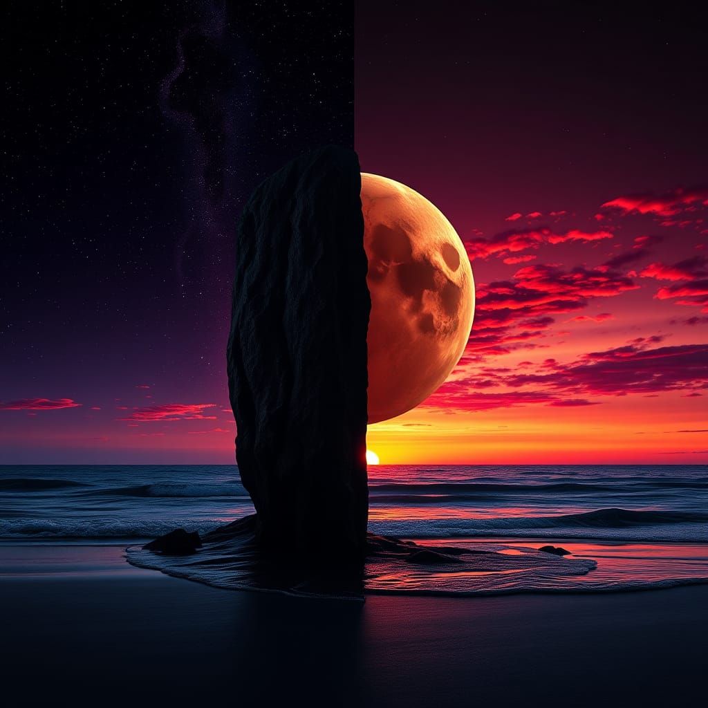 Galactic Parting: Bronze Midnight Meets Sunset Beach