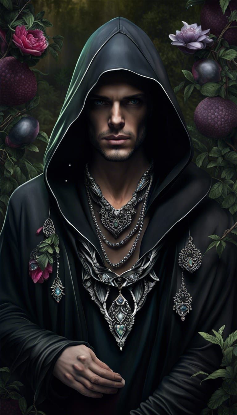Hooded Man with Jewels in Dark Garden