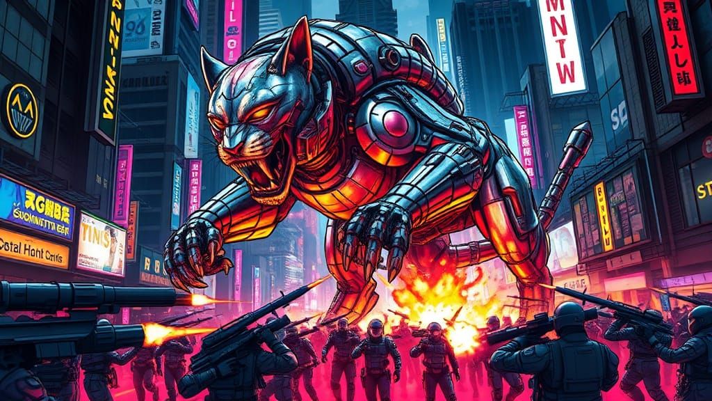 Cybernetic Puma Rampages Through Dystopian City