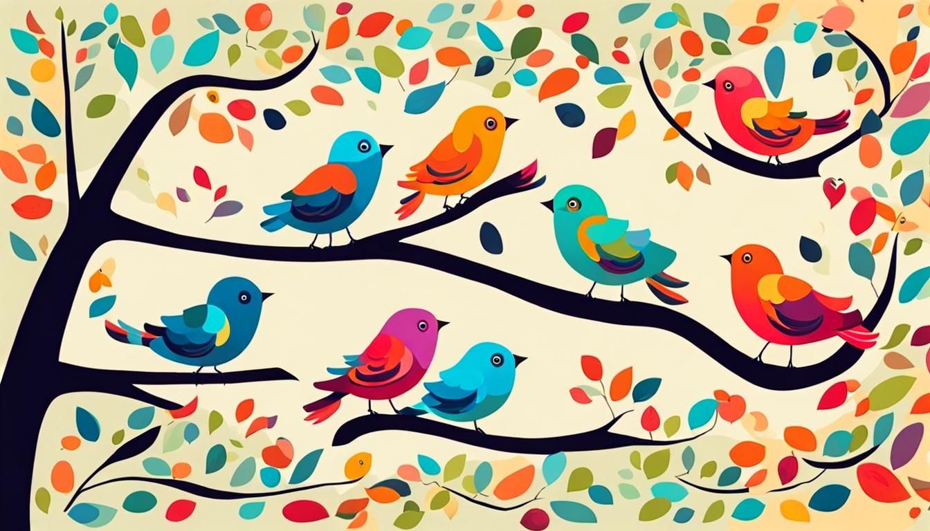 Colorful Birds in Tree, Clement Hurd Style