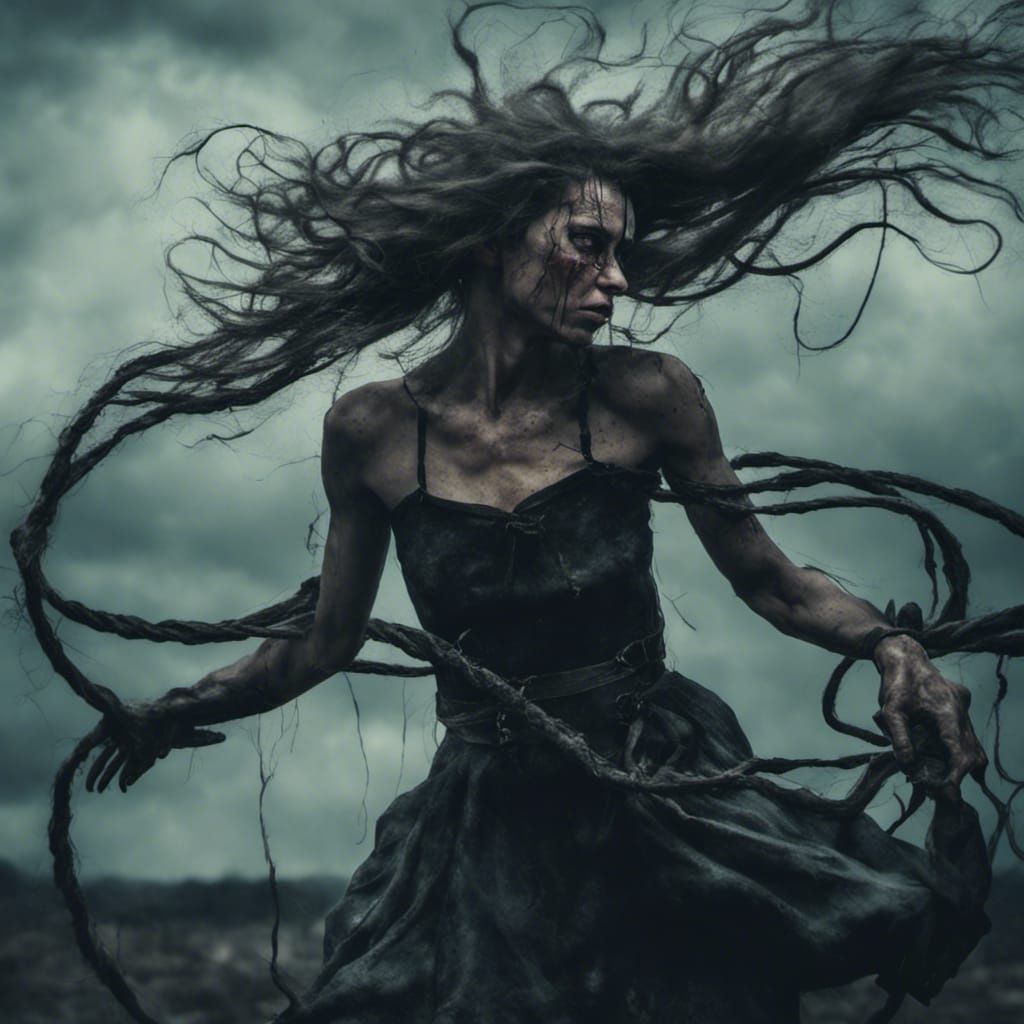 Dystopian Rapunzel Wields Hair Whip in Gothic Art