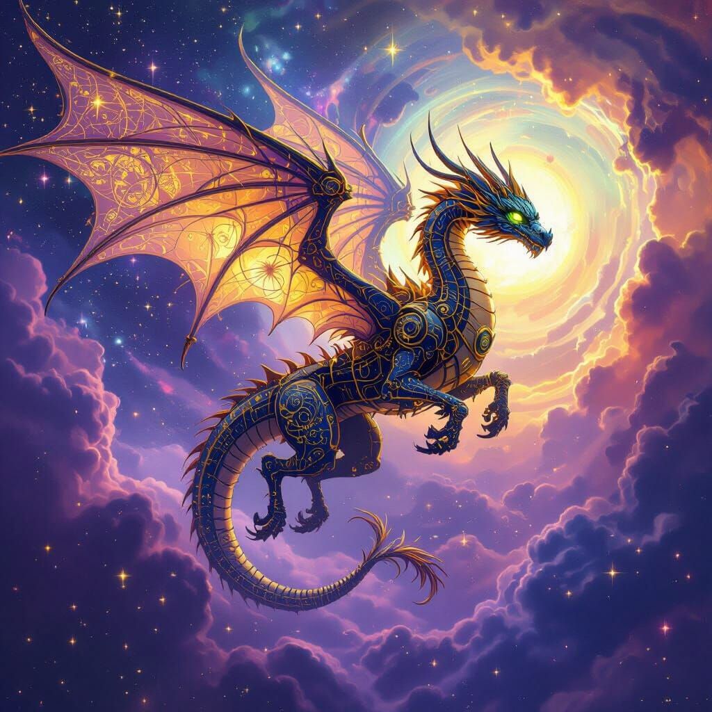 Clockwork Dragon Soaring Through Vibrant Nebula