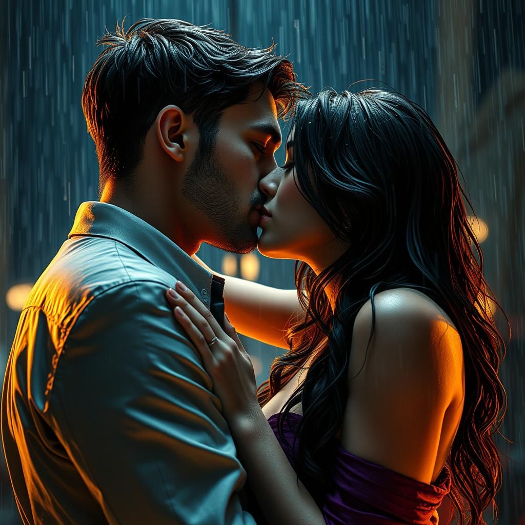 A couple kissing in the rain