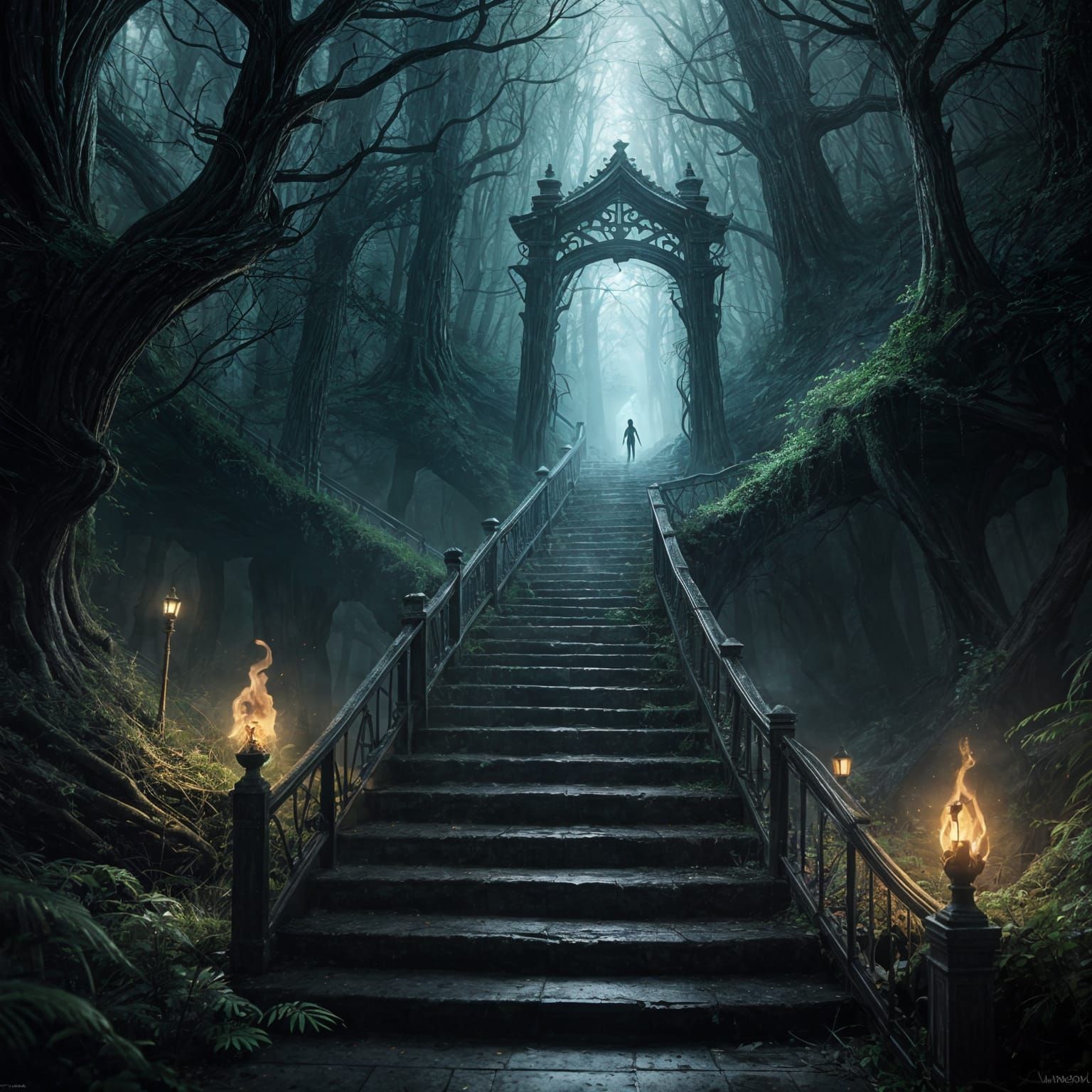 Ethereal Specter Descends Dark Staircase in Neon Smoke