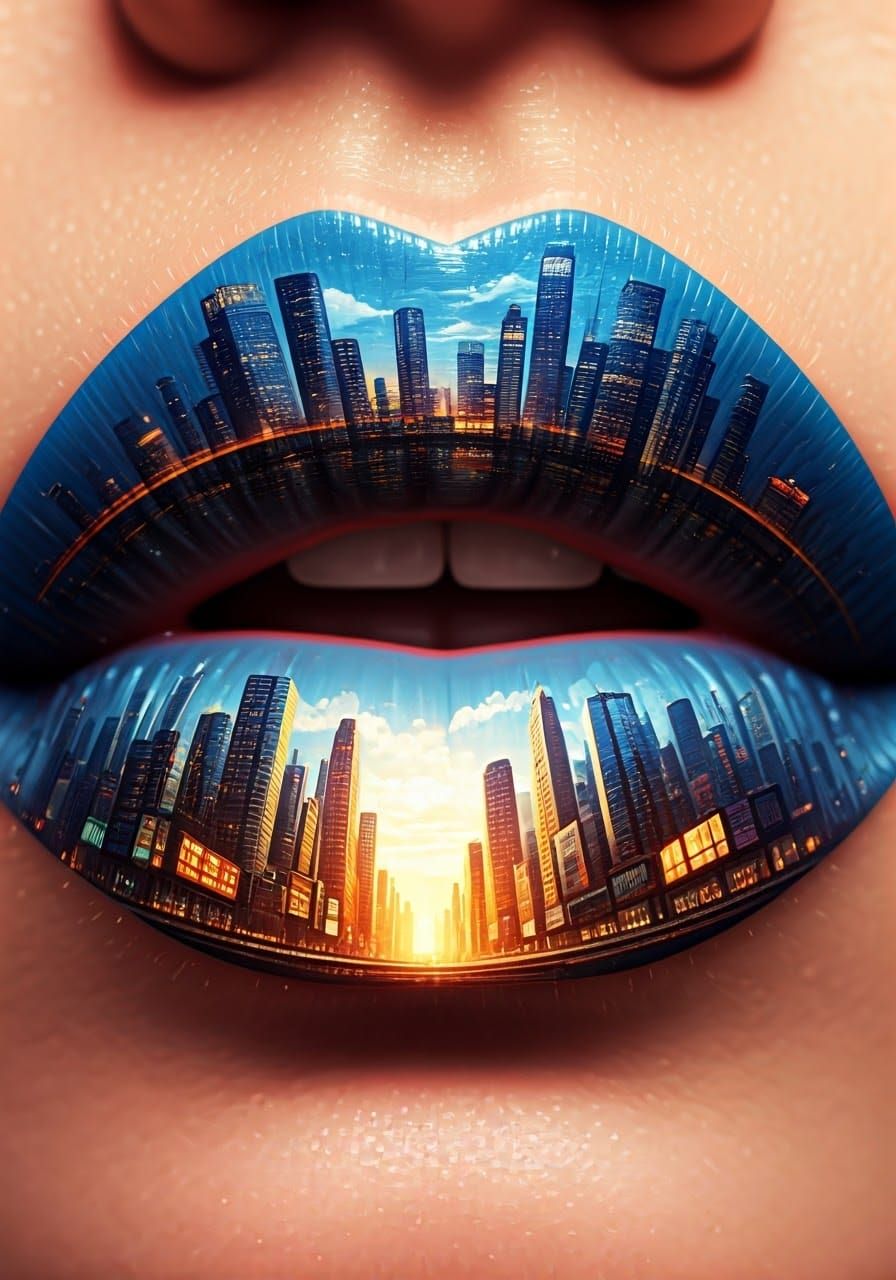 Realistic Woman's Lips Painted with City Skylines in Intrica...