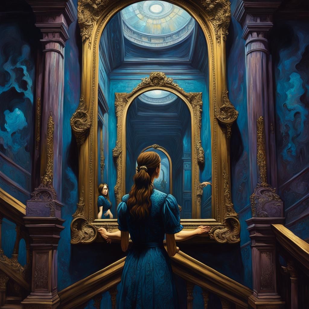 Ethereal Woman in Escher Stairwell: Renaissance Painting