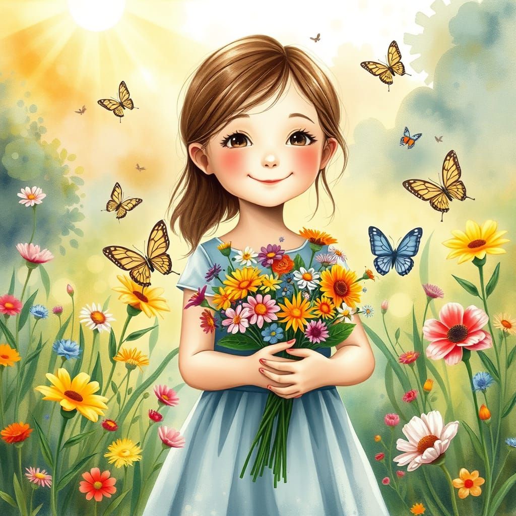 Whimsical Garden Girl with Colorful Blooms