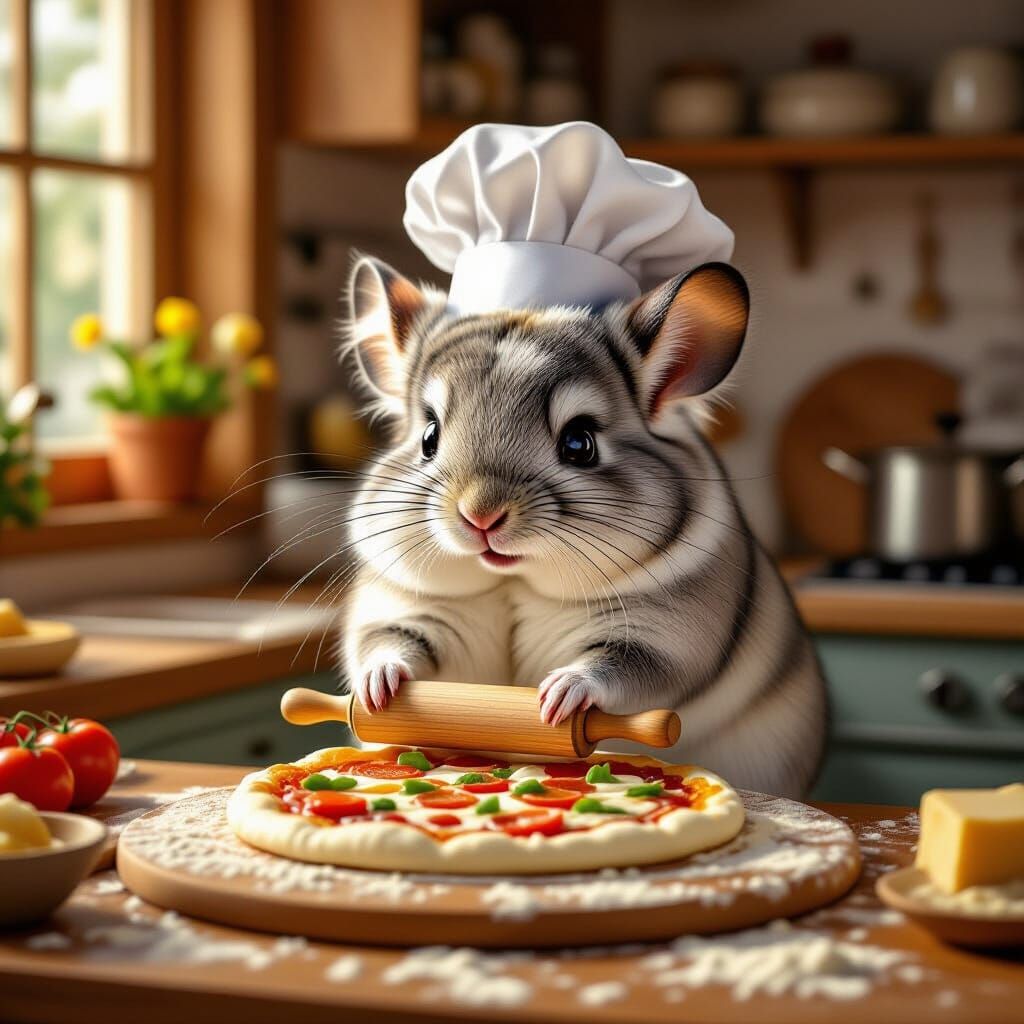 Cute Chinchilla Chef Makes Pizza in Realistic Style