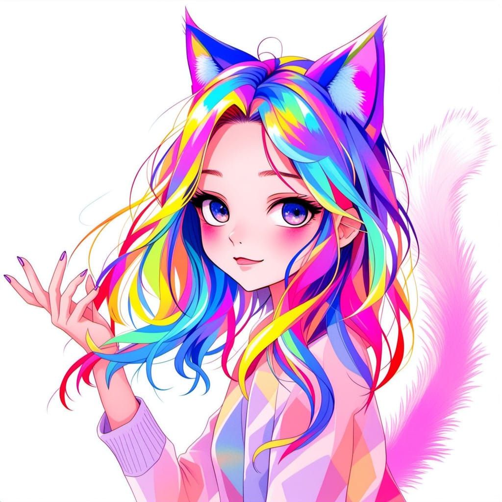Magical Girl Anime Character with Rainbow Hair and Cat Ears