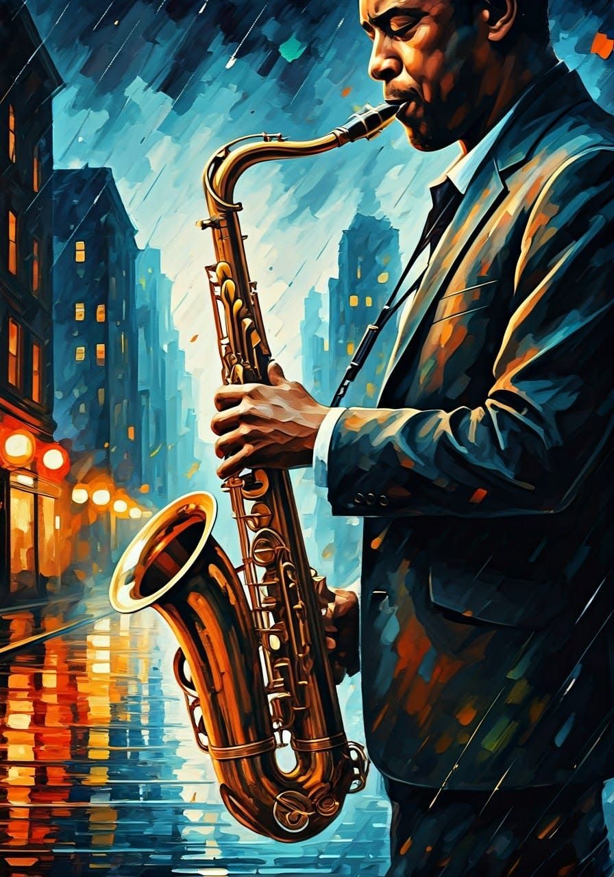 Jazz Saxophonist on a Rainy Street Corner in Expressionist S...