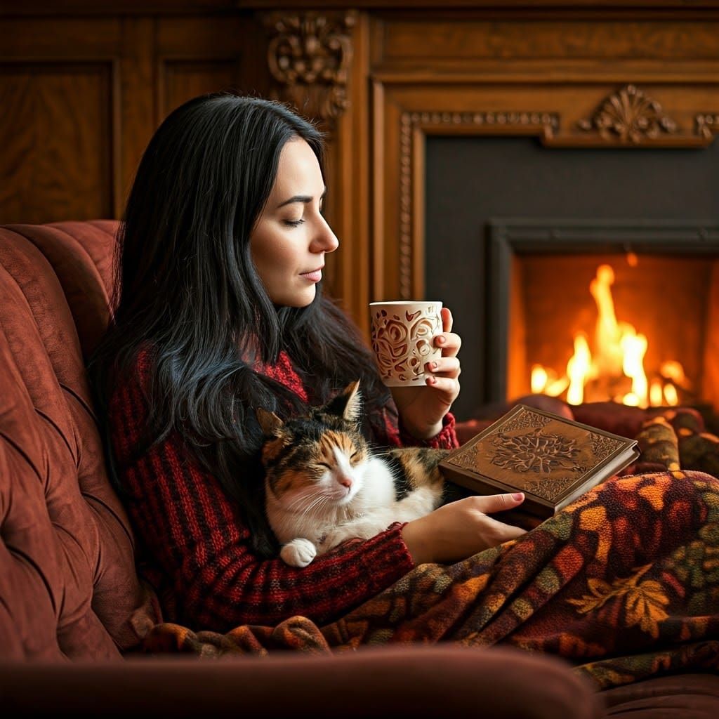 Autumn Beauty Relaxes with Cat by Fireplace