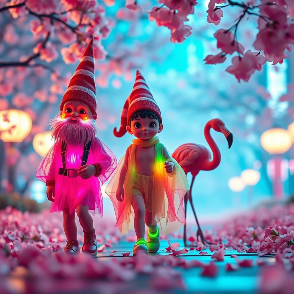 Futuristic Gnomes Stroll Through Japanese Cherry Garden