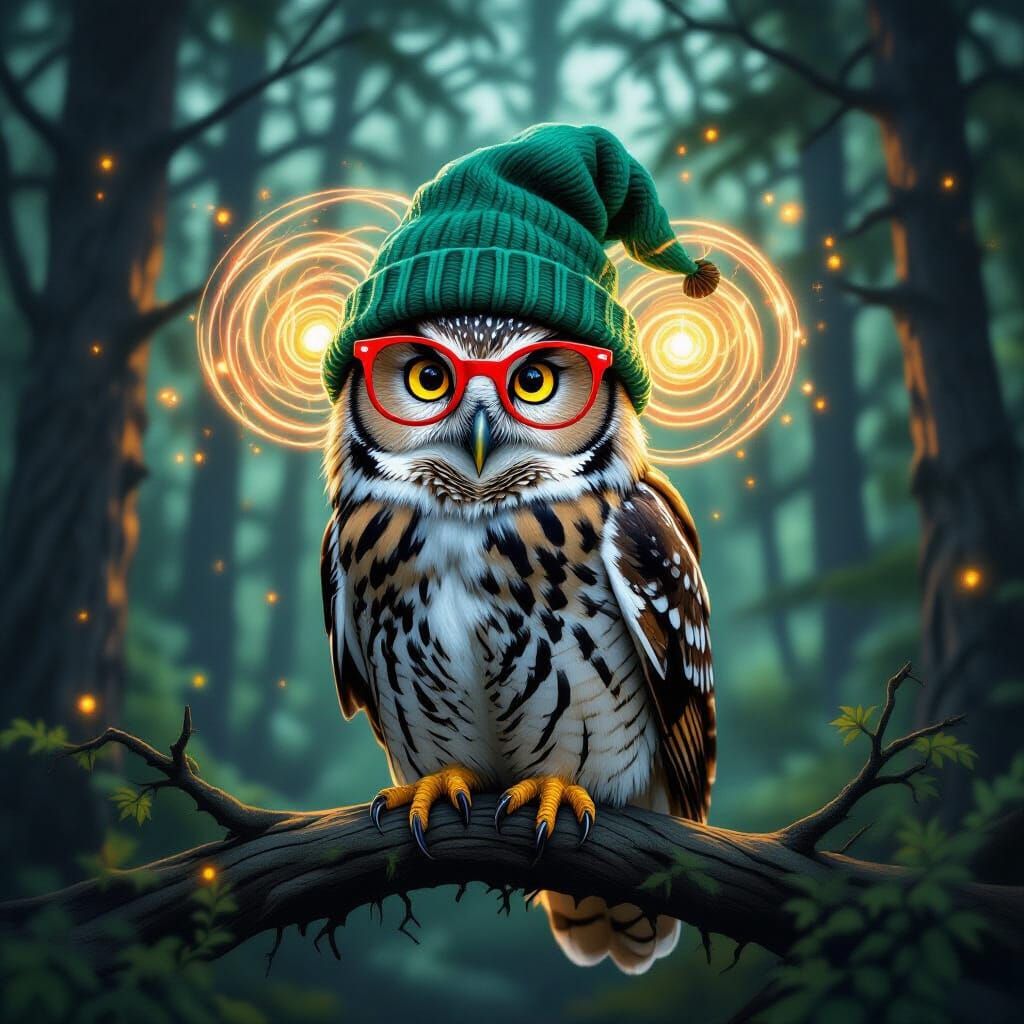 Hypnotic Owl with Red Glasses and Green Hat in Surreal Fores...