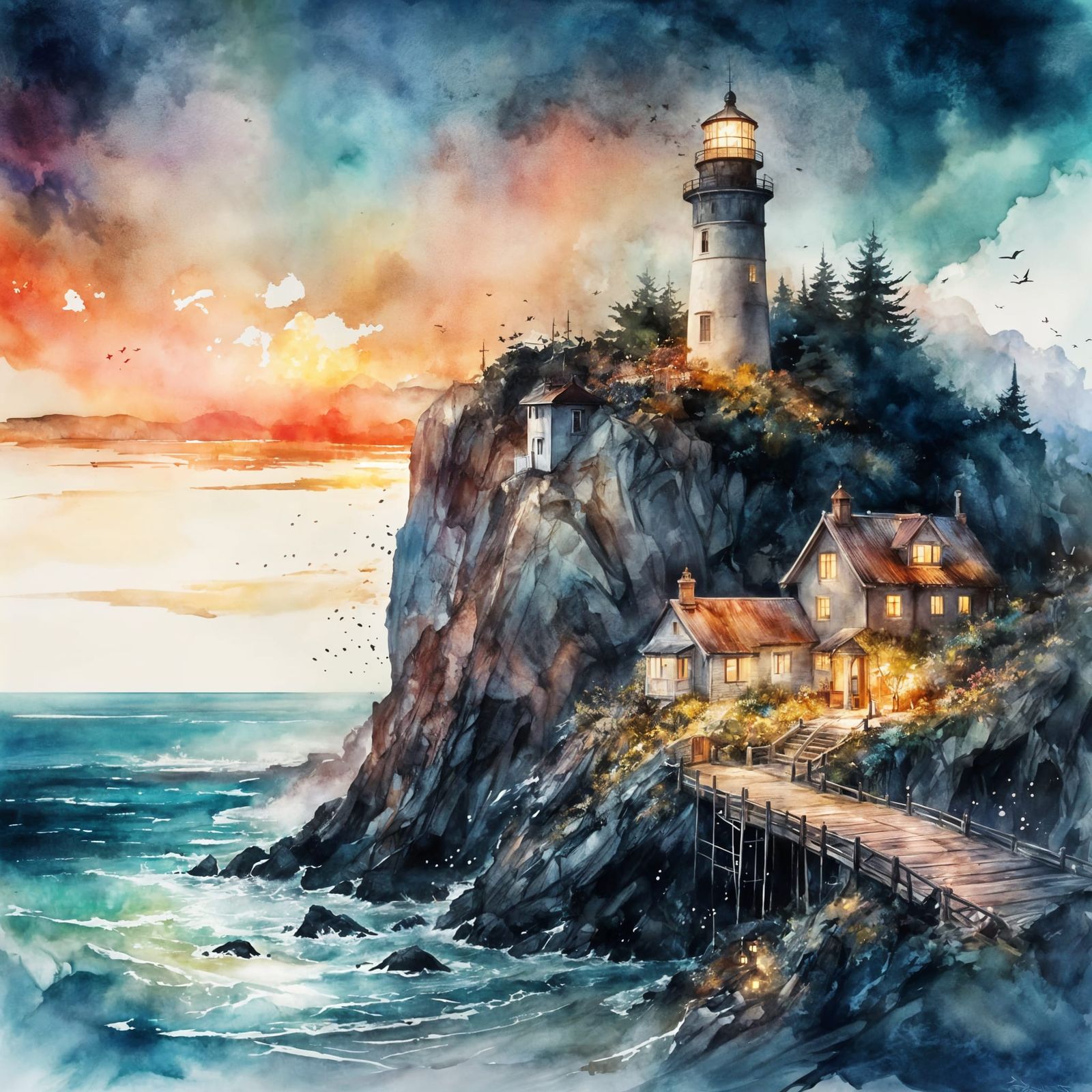 Summer Seascape Watercolor with Distant Lighthouse