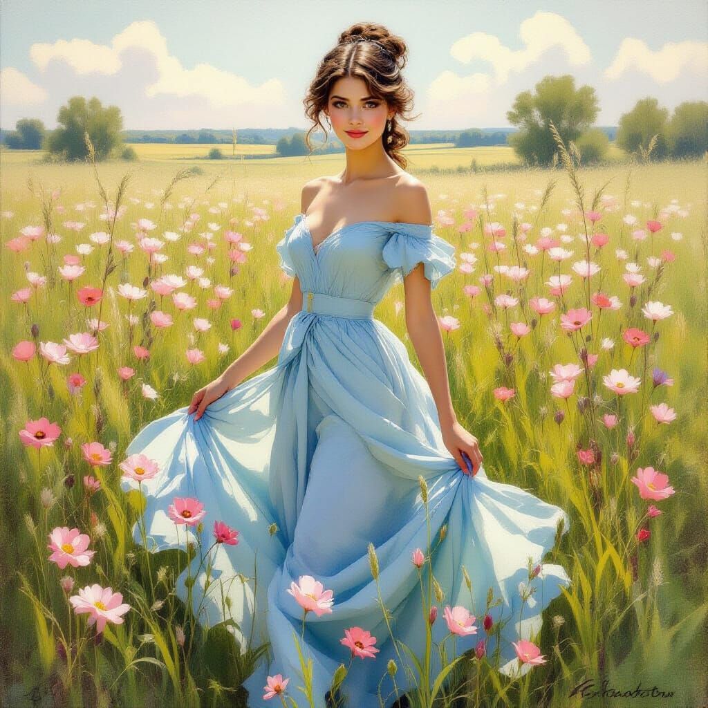 Elegant Woman in Blue Dress, Delicate Oil Painting Style
