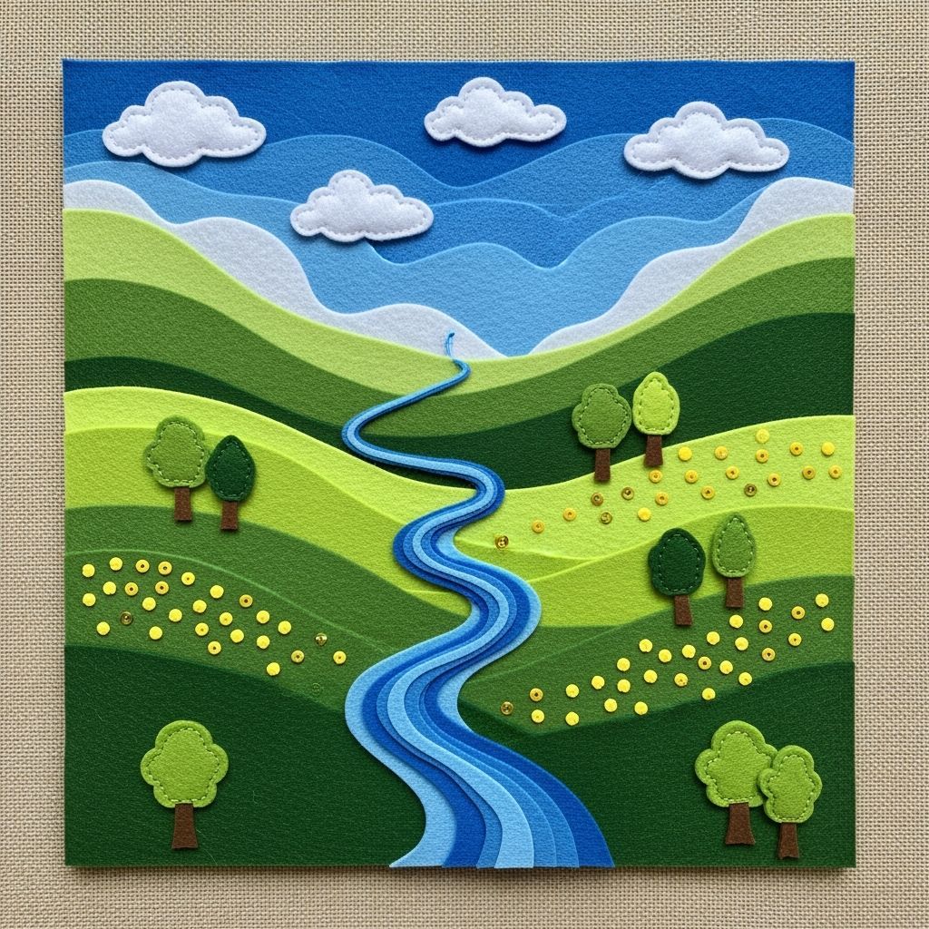 Vibrant Summer Valley in Layered Felt Illustration
