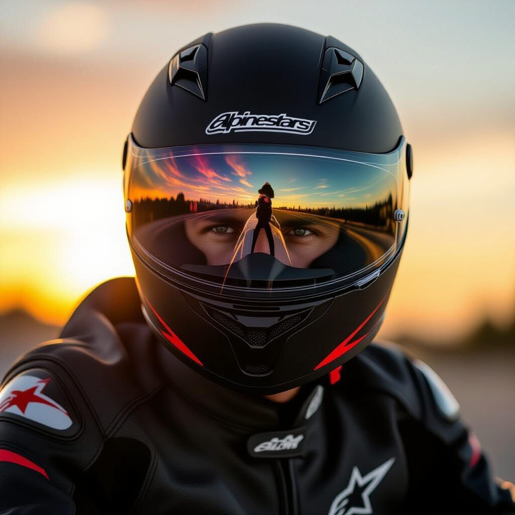 Motorcyclist in Sleek Helmet at Sunset
