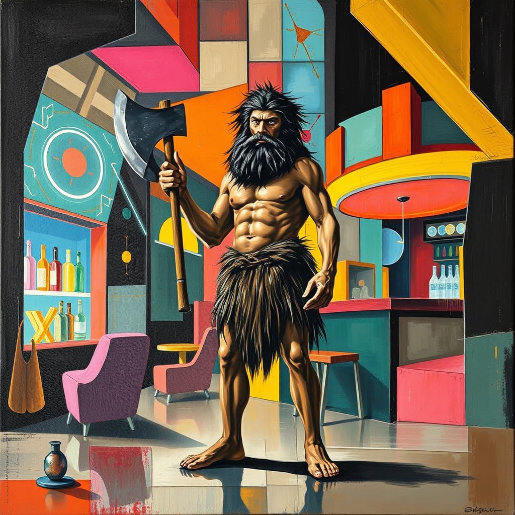 Prehistoric Man in Futuristic Bar, Cubist Style